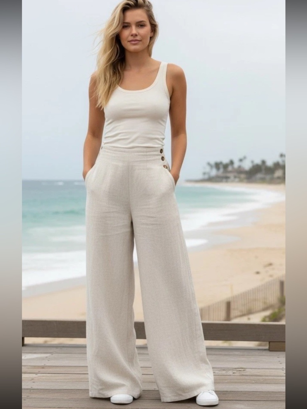 Sienna Sky Beige Linen-Blend Wide Leg Drawstring Pants